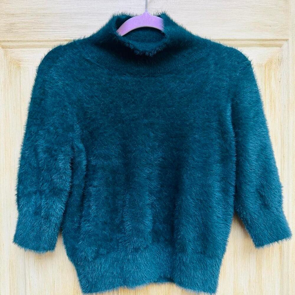 Trina Turk Fuzzy Sweater Womens S Teal Blue Plush Mock Neck Cozy